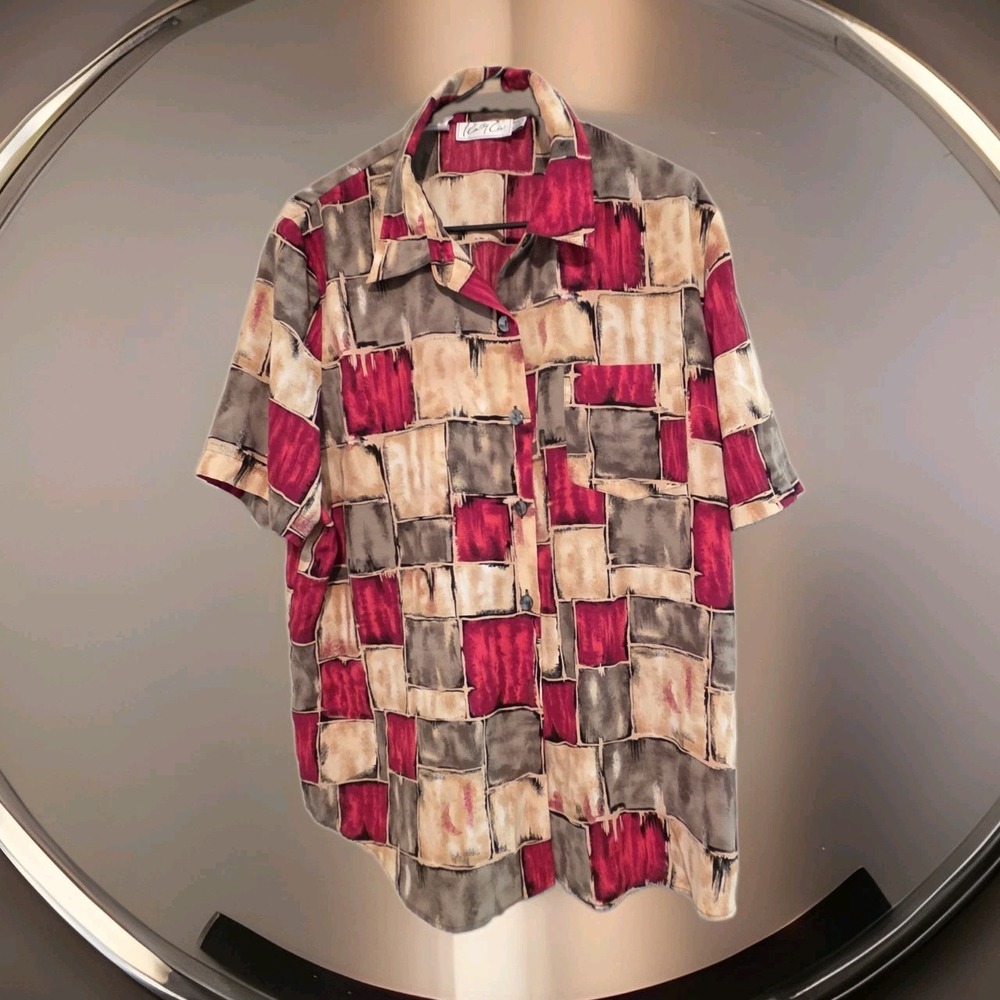 Vintage 90s Retro Cathy Che Geometric Block Patchwork Button Up Blouse